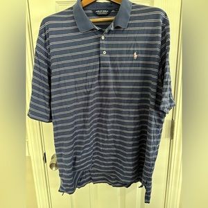 Blue and pink striped polo golf shirt.